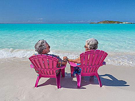 巴哈马,小,岛屿,老年,夫妻,坐,海滩,画廊