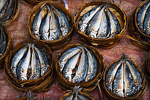 篮子,烹饪,鱼,货摊,市场,琅勃拉邦,老挝