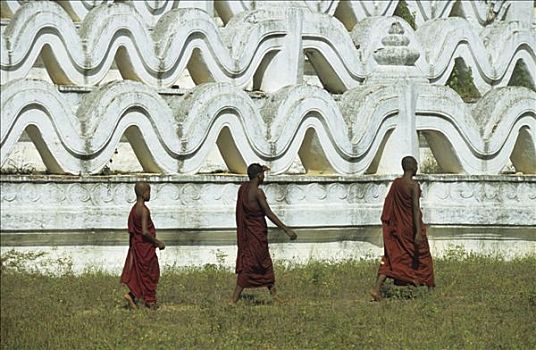 缅甸,靠近,曼德勒,明宫,晒黑,三个,僧侣,走