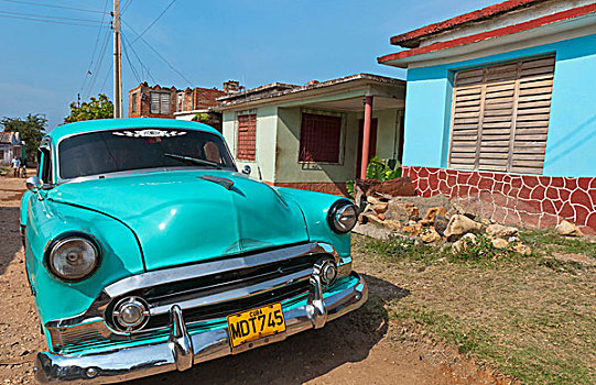 特立尼达,古巴,蓝色,经典,20世纪50年代,雪佛兰,汽车,鹅卵石,街道,彩色,老,殖民城市,建筑