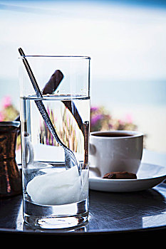 希腊,咖啡,玻璃杯,甜,桌子,海洋