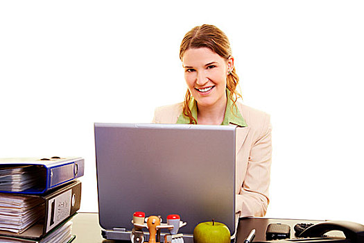 微笑,坐,女人,书桌,笔记本电脑