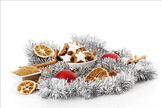 桂皮,味道,星形,饼干,白色,碗,圣诞装饰,肉桂棒,橙色,圣诞树球