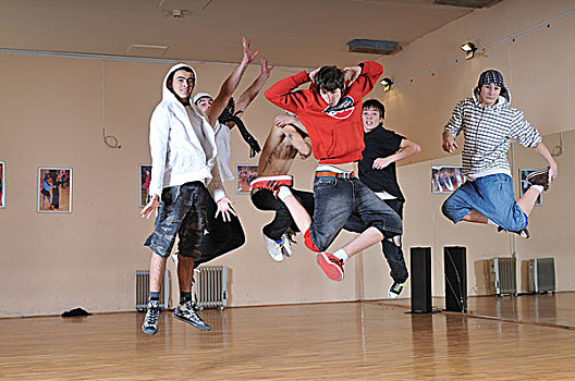 群体,年轻,青少年,跳跃,空中,一起
