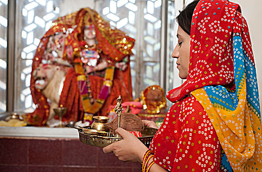 女人,祈祷,庙宇,印度