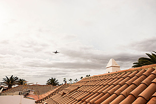 飞行,飞机,起飞,机场,特内里费岛,靠近,屋顶,房子,人,度假