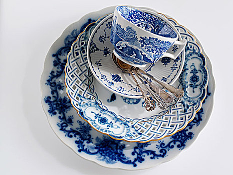 藍(lán)色,白色,老式,瓷器