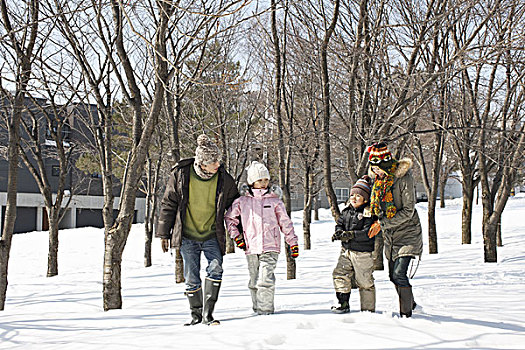 家庭,散步,雪原