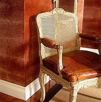皮坐垫,老式,扶手椅,相同,彩色,天鹅绒,墙壁,后面