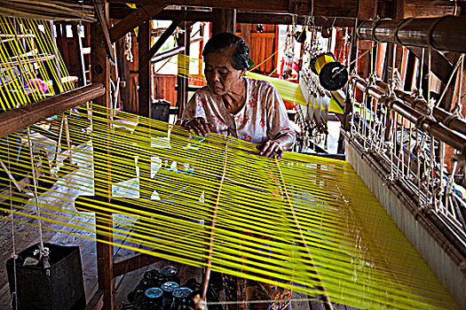 缅甸,茵莱湖,检查,线,传统,织布机,编织,工厂