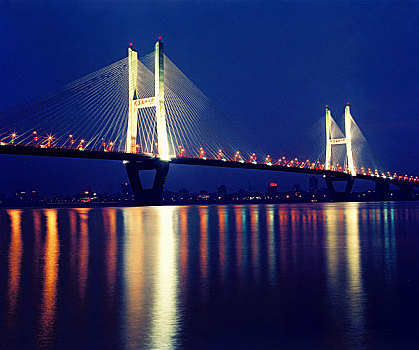 夜晚,场景,桥,上方,长江,河,武汉
