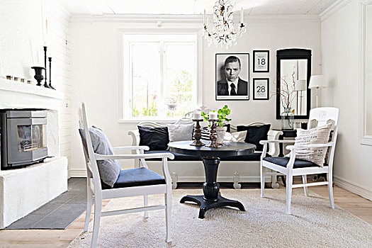 黑色,圆,桌子,白色,扶手椅,舒适,生活方式,区域