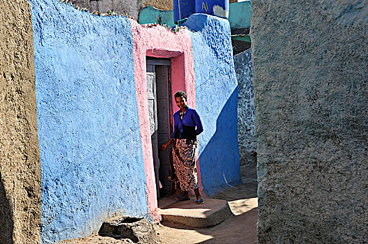 埃塞俄比亚,哈勒尔,美女,姿势,正面,房子,涂绘,蓝色,粉色