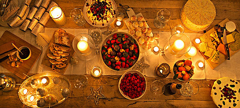 俯视,烛光,桌子,圣诞甜点