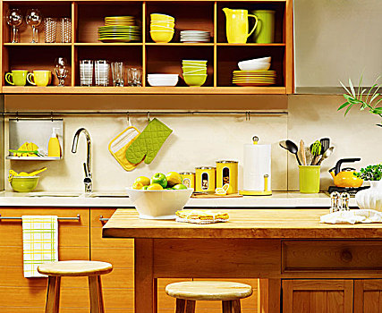 厨房,绿色,黄色,餐具,装潢