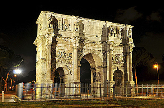 夜景,君士坦丁凯旋门,靠近,角斗场,罗马,意大利