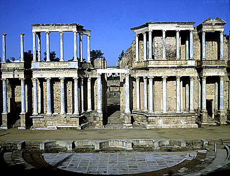 风景,舞台,罗马剧场,梅里达,两个,地面,柱子