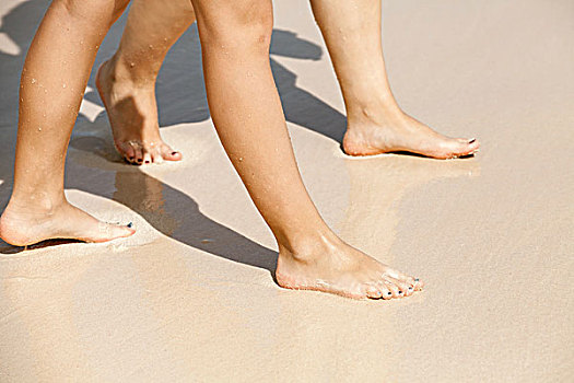女人,腿,走,湿,沙滩,海岸