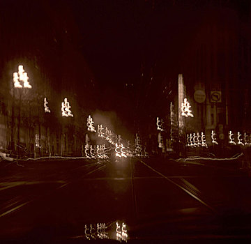 街道,灯笼,光亮,晚间,模糊,深褐色,城市,市中心,灯,路灯,暗色,棕色