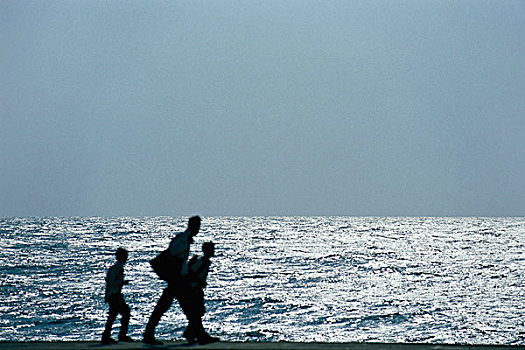 男人,走,两个,儿子,剪影,海洋