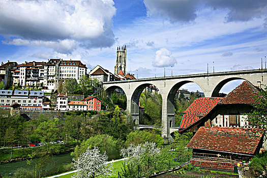 瑞士,弗里堡,风景,伯尔尼,大门,上方,河,老城