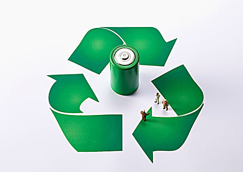 俯拍,回收标志,绿色,电池,小,小雕像