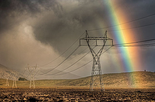 电线,彩虹,落日,积雨云,坎特伯雷,新西兰