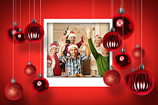 合成效果,图像,高兴,大家庭,圣诞帽,欢呼,看镜头,圣诞节,照片