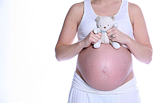 孕妇,拿着,泰迪熊,上方,裸露,腹部