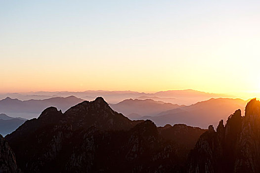 早晨,气氛,日出,石头,山,剪影,掸邦,黄山,安徽,中国