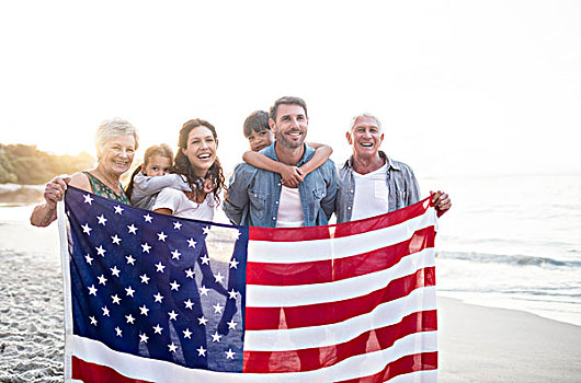 可爱,家庭,拿着,美国国旗,海滩