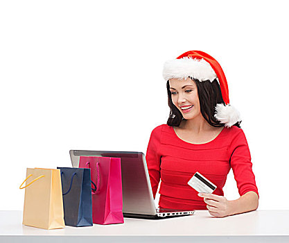 圣诞节,圣诞,网上购物,概念,女人,圣诞老人,帽子,包,笔记本电脑,信用卡