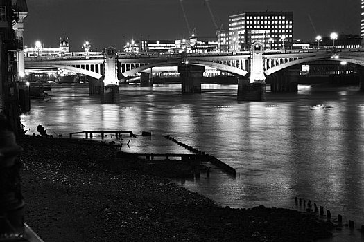 桥,河,夜晚,南华克,泰晤士河,伦敦,英格兰