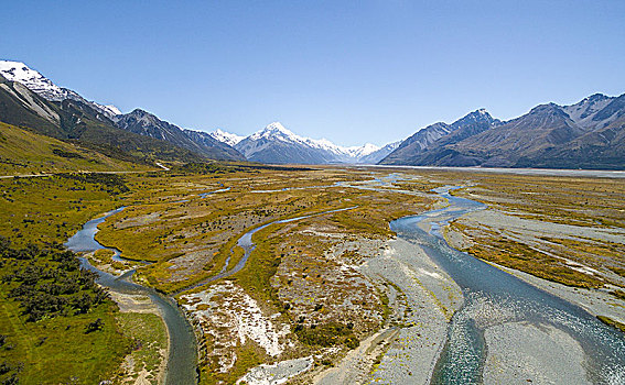 宽,河床,河,库克山,背影,库克山国家公园,坎特伯雷地区,南岛,新西兰,大洋洲