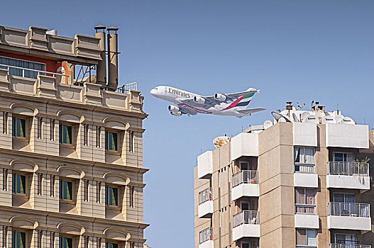 酋长国,飞机,空中客车,a380,上方,建筑,迪拜河,地区,迪拜,阿联酋