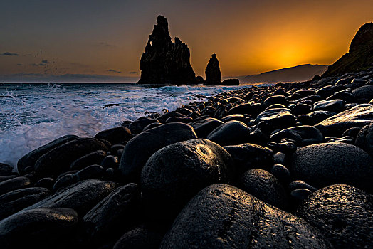 岩石构造,日出,黑色,石头,海滩,波尔图,马德拉岛,葡萄牙,欧洲