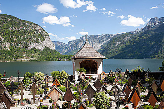 墓地,湖,哈尔斯塔特,看,世界遗产,萨尔茨卡莫古特,文化,风景,上奥地利州,奥地利,欧洲
