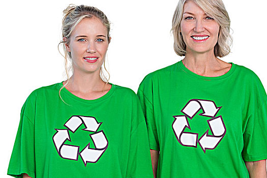 两个女人,穿,绿色,再循环,t恤