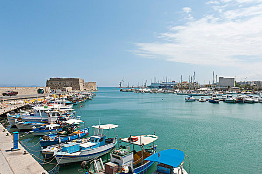 渔港,渔船,老,港口,要塞,罗卡,伊拉克利翁,克里特岛,希腊,东方,地中海,海洋,欧洲