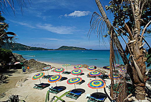 俯拍,沙滩伞,休闲椅,海滩,普吉岛,泰国