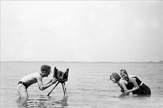 历史,照片,摄影师,拍照,两个女人,海中,20年代
