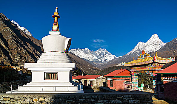 佛塔,喇嘛寺,寺院,山,珠穆朗玛峰,后面,单独,昆布,尼泊尔,亚洲