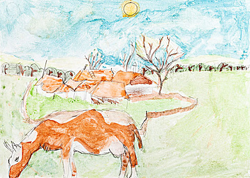 孩子,绘画,母牛,乡野,风景