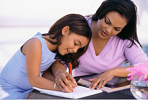 母亲,帮助,女儿,家庭作业