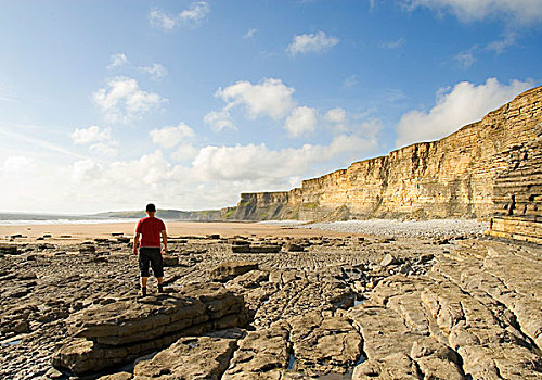 男人,站立,石头,看,海滩,悬崖,海岸,纳什,格拉摩根,文化遗产,南威尔士,威尔士,英国,欧洲
