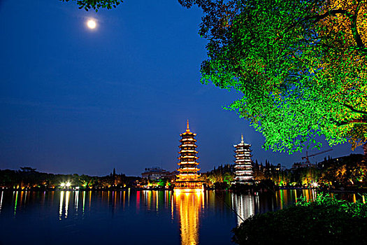 太阳,塔,月亮,夜晚,桂林,中国