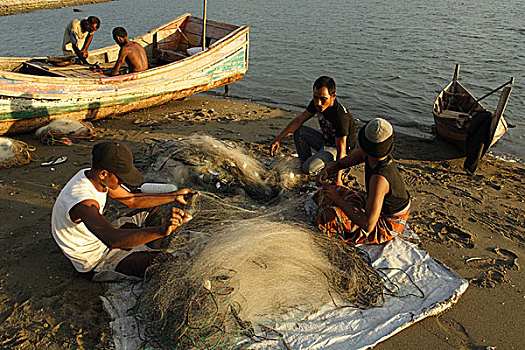 渔民,准备,渔网,海滩,印度尼西亚,八月,2007年