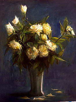 油画,黄月季花,花瓶
