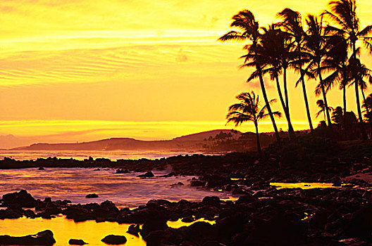 日落,坡伊普,考艾岛,夏威夷