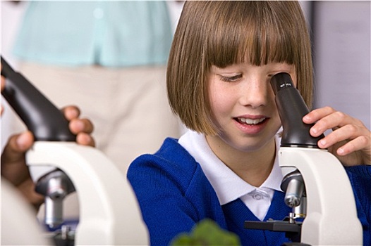 学童,看,显微镜,教室,实验室
